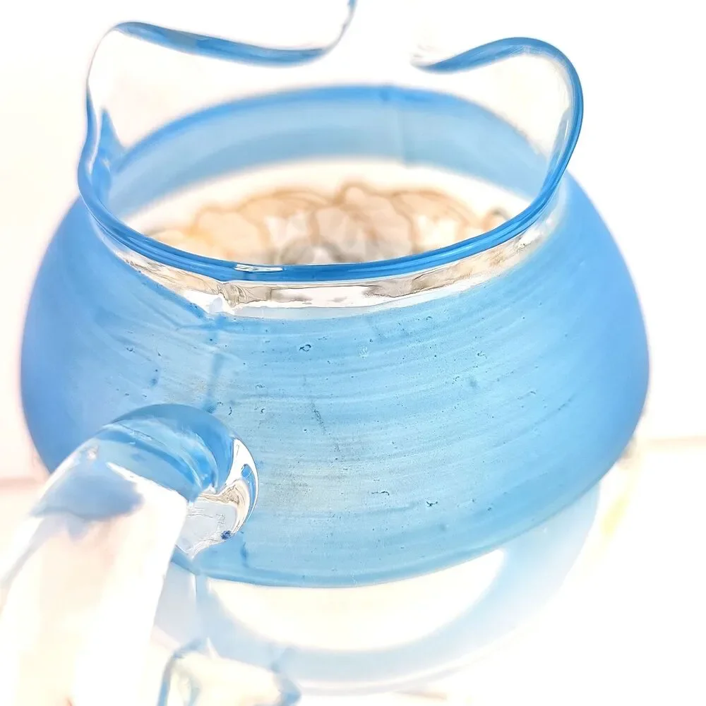 Vintage Mid Century Pastel Gold Leaf Frosted Blue Clear Glass Juice Pitcher 6 in